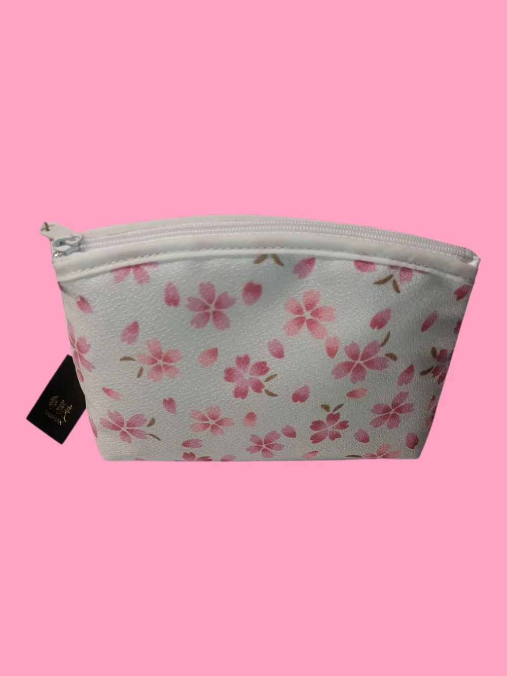 White Floral Zip Cosmetic Pouch - Pink Cherry Blossom Print